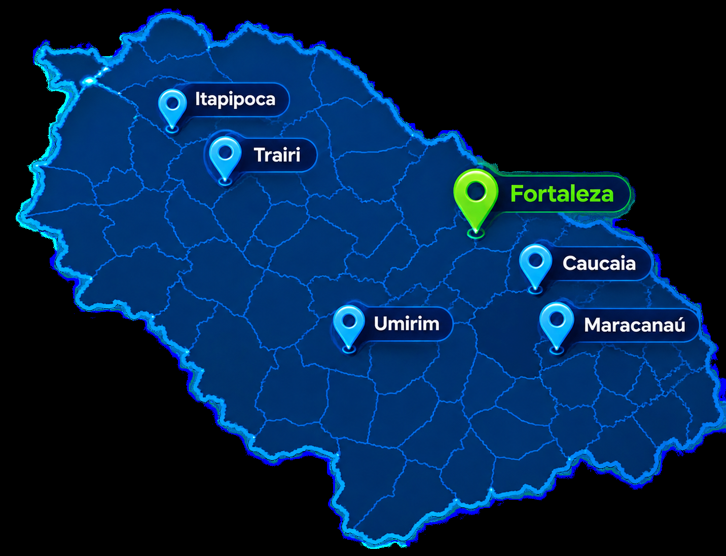 Mapa do Ceará com as cidades atendidas pela Smart: Fortaleza, Caucaia, Maracanaú, Trairi, Umirim e Itapipoca